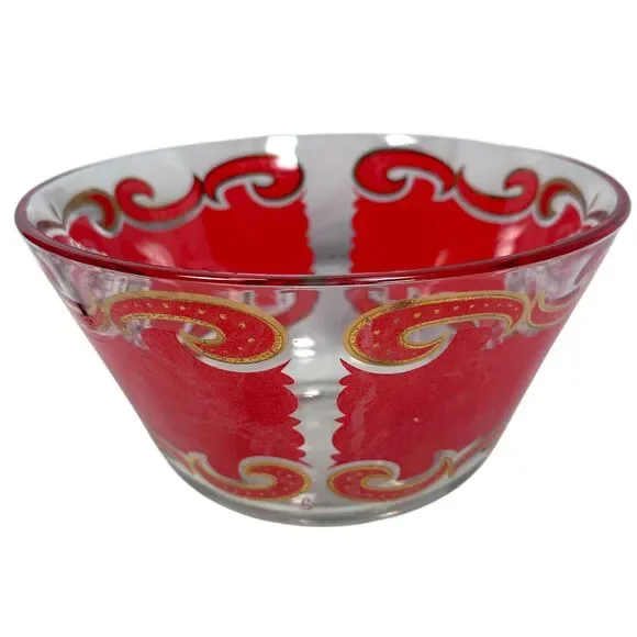 Vintage MCM Culver Starlyte Red Gold Punch Bowl Round Filigree Glassware 10.5